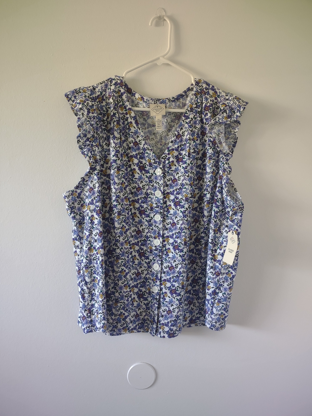 St. John's Bay Blue and White Floral Ruffle-Sleeve Button Front Top